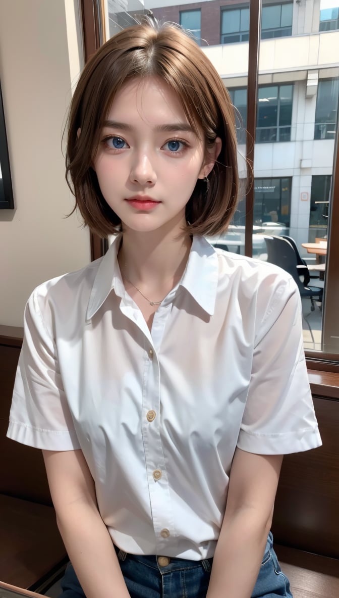 (8k, raw photo, highest quality, master piece: 1.2), (realistic, photorealistic: 1.37), One Girl, Only 19, cute, adorable, (blue eyes), (shy smile: 0.4), (solo), Details Face, oval face, pale almond-shaped eyes, (short brown hair: 1.3), hair over one eye, slender build, medium chest, white collared shirt, lying on back, head tilted, fluorescent Lights, sitting in a coffee shop, by the cafe, window, small head, (looking away), teenage girl, earrings, pen