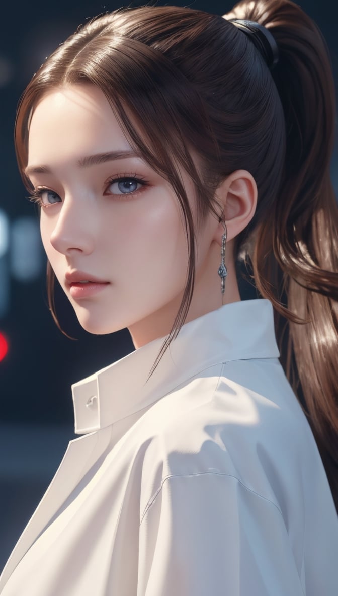 Super high resolution, masterpiece, highest quality,
Highly detailed face, detailed eyes, very complex, perfect shiny shiny skin, perfect lighting, detailed lighting, dramatic shadows, ray tracing, 16 years old, one girl, with ponytail Hairstyle, upper body, cyberpunk coat, white shirt , looking at the viewer, (slight smile: 0.4),