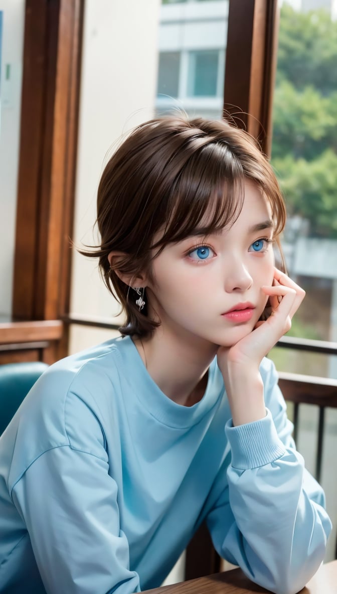 (8k, raw photo, highest quality, master piece: 1.2), (realistic, photorealistic: 1.37), One Girl, Only 19, cute, adorable, (blue eyes), (shy smile: 0.4), (solo), Details Face, oval face, pale almond-shaped eyes, (short brown hair: 1.3), hair over one eye, slender build, medium chest, gray sweatshirt, lying on back, head tilted, fluorescent Lights, sitting in a coffee shop, by the cafe, window, small head, (looking away), teenage girl, earrings, pen,MaryAmber,shirt