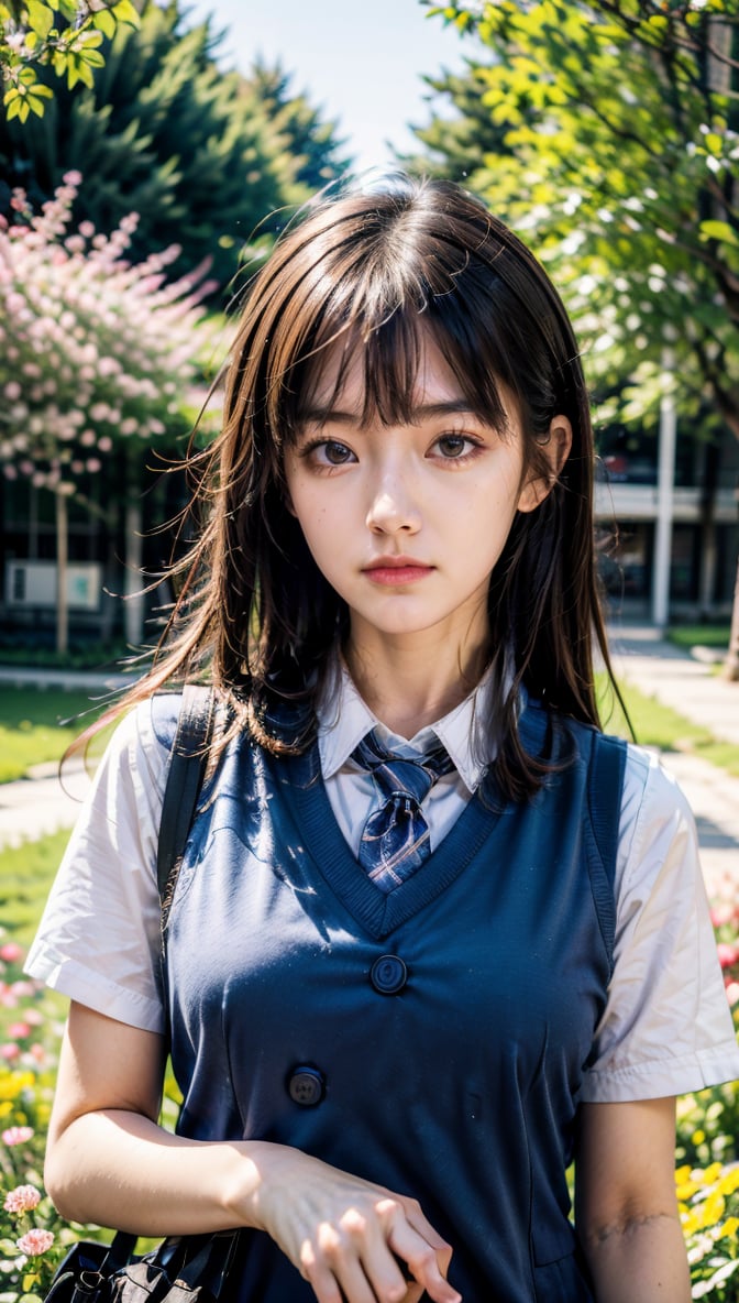 masterpiece, best quality, high resolution face, detailed eyes, 1girl,solo,school uniform,medium breasted, vest, brown hair, overgrown, bag, landscape, nature, plaid, striped tie, shirt,blossoms,falling_petals,looking at viewer,
