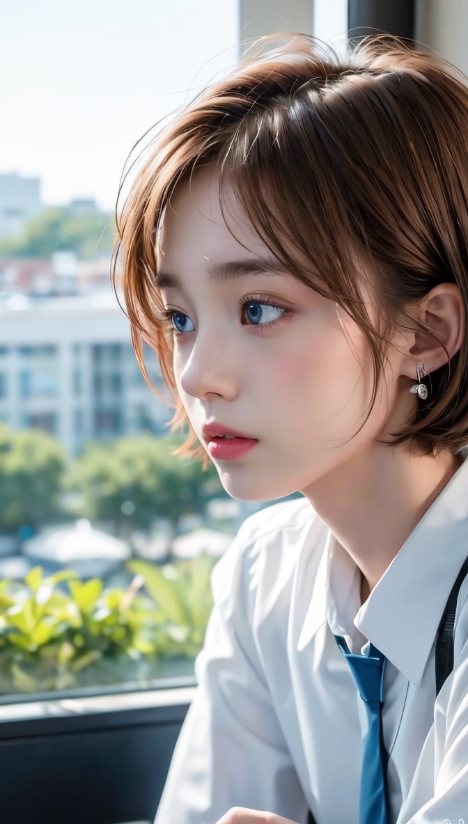 (8k, raw photo, highest quality, master piece: 1.2), (real, photorealistic: 1.37), One Girl, Only 19, cute, adorable, (blue eyes), (shy smile: 0.4), (solo) ,Details Face, oval face, thin almond-shaped eyes, (short brown hair: 1.3), hair growing in one eye, slender build, medium chest, collared shirt, lying on back, tilting head, fluorescent lighting, Sitting in a coffee shop, by the cafe, window, small head, (looking away), teenage girl, earrings,wanpeng