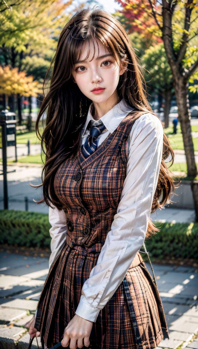 Masterpiece, best quality, high resolution face, detailed eyes, one girl, solo, school uniform, long sleeves, medium bust, vest, brown hair, long hair, bag, autumn landscape, nature, plaid, striped tie, shirt, looking at viewer, dynamic pose, gravure-like pose, medium movement