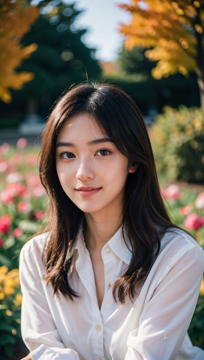 Masterpiece, DSLR photography, analog style, Nikon D5, live action photography, beautiful 16 year old female, dramatic lighting (85mm), autumn garden in background, (detailed face), (beautiful sparkling eyes), dynamic angle, Michelangelo style, long hair, long sleeve white button up shirt, smile: 1.4, Bzpeony