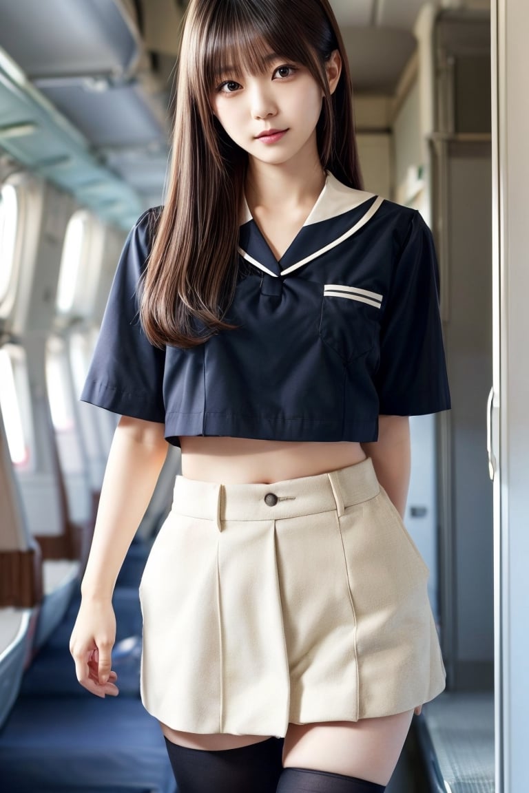 Warm lighting, beautiful Japanese girl, detailed face, sad smile, dark eyes, straight black hair, Stewardess Maid, Shibuya, walking, above the thighs, real Japanese girl yurayura_yuura, Enako, underboob He wears a crop shirt I am wearing .