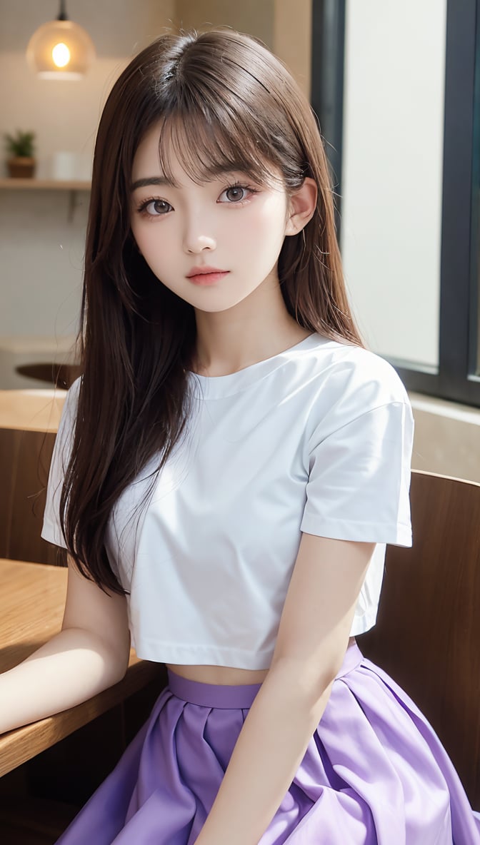 (Tabletop, highest quality: 1.2), 8K, 18 years old, 85mm, official art, raw photo, absurdity, white shirt, cute face, thin face, upper body, purple, gardenia, beautiful girl, casual clothes, long skirt, thin Waist, thighs, short sleeves, sitting facing the viewer in a cafe, no makeup, (heartbreaking smile: 0.4), film grain, chromatic aberration, sharp focus, face light, clear lighting, teen, detailed face, background blur,, huge, cute girl, girl, real hand, seulgi, samme