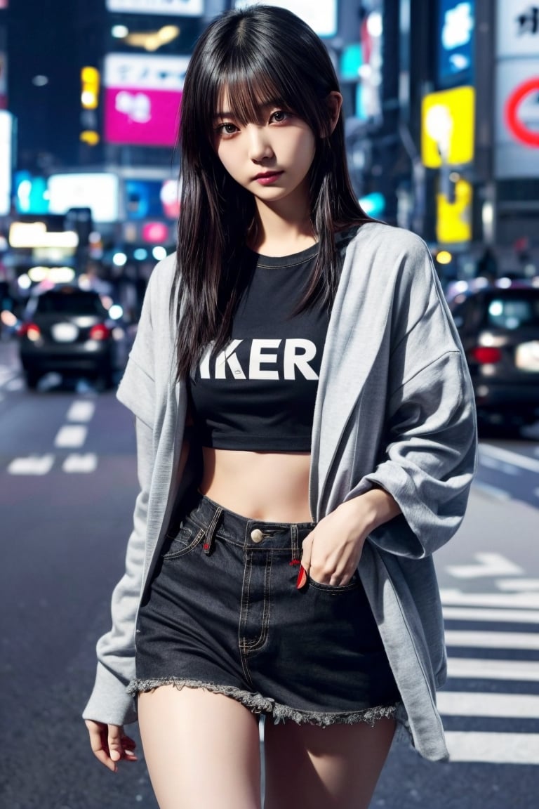 Warm lighting, beautiful Japanese girl, detailed face, sad smile, dark eyes, straight black hair, cyberpunk casual clothes, Shibuya, walking, upper thighs, real Japanese girl yurayura_yuura, Enako, underboob He is me I'm thinking of wearing a crop shirt.