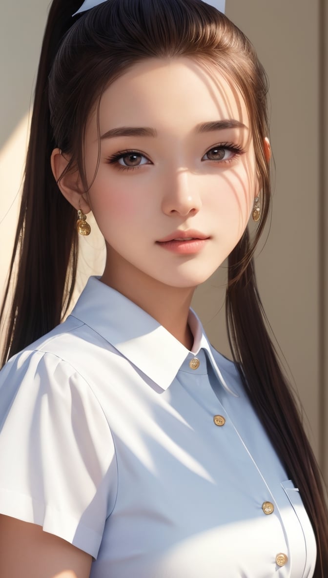 Super high resolution, masterpiece, highest quality,
Highly detailed face, detailed eyes, very complex, perfect shiny shiny skin, perfect lighting, detailed lighting, dramatic shadows, ray tracing, 16 years old, one girl, with ponytail Hairstyle, upper body, nurse, breast pocket, collared dress, short dress, short sleeves, thighs, white dress,, white shirt, looking at the viewer, (slight smile: 0.4),