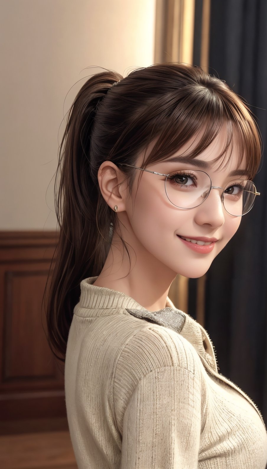 Real, masterpiece, highest quality, raw photo, 1 girl, solo, ponytail, 46 points diagonal bangs, brown hair, detailed face, glamorous face, evil smile, silver-rimmed glasses, sweater dress, big breasts, dynamic pose, viewer eye, from below, detailed background, detailed interior, intricate details, ray tracing, depth of field, low key, HDR, acjc