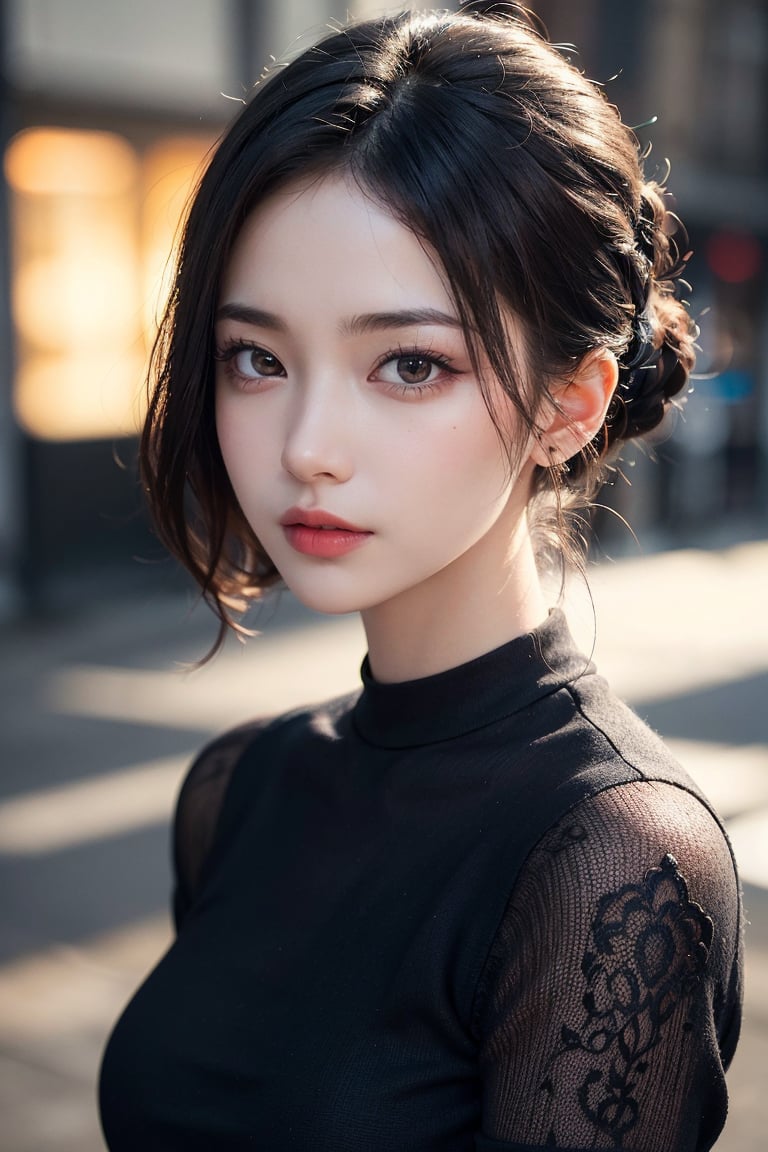 Ultra high resolution, masterpiece, best quality, highly detailed face, detailed eyes, highly intricate, perfect shiny glowing skin, perfect lighting, detailed lighting, dramatic shadows, ray tracing, 1 girl, upper body, black knitted dress, looking at viewer, pretty girl