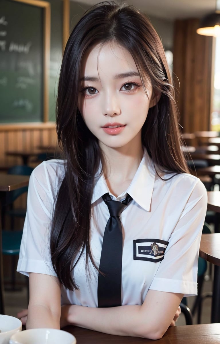 Close-up, masterpiece, best quality, raw photo, photorealistic, smiling, beautiful girl, cute, long hair, depth of field, high resolution, ultra detailed, detailed, highly detailed eyes and face, sharp pupils, realistic pupils, sharp focus, cinematic lighting, school uniform, sitting on a stylish cafe chair, upper body, , Bomi, beauty