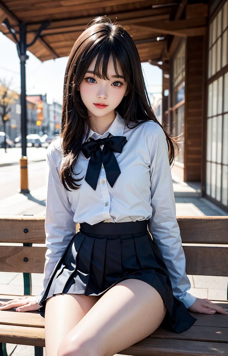 Bright expression, photorealism, highest quality, super high resolution, photo, the most beautiful Nordic girl photos, fine, cute and beautiful face, small face, (pureerosface_v1:0.008), beautiful bangs, Alice in Wonderland, 15-year-old student, (thighs thighs thighs:1.2), full body Evian, shining white shiny skin, small face, bangs that reach the face, bangs, hair between the eyes, attractive black silky hair, clear light blue eyes are attractive, (winter uniform:1.2), (pleated skirt:1.2), eyeliner, park, sitting on a bench, double eyelids, ample breasts, gravure-like pose