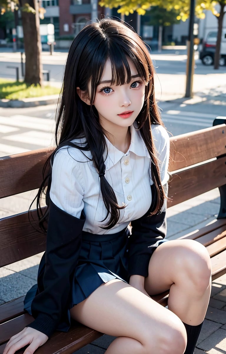 Bright expression, photorealism, highest quality, super high resolution, photo, the most beautiful Nordic girl photos, fine, cute and beautiful face, small face, (pureerosface_v1:0.008), beautiful bangs, Alice in Wonderland, 15-year-old student, (thighs thighs thighs:1.2), full body Evian, shining white shiny skin, small face, bangs that reach the face, bangs, hair between the eyes, attractive black silky hair, clear light blue eyes are attractive, (winter uniform:1.2), (pleated skirt:1.2), eyeliner, park, sitting on a bench, double eyelids, ample breasts, gravure-like pose