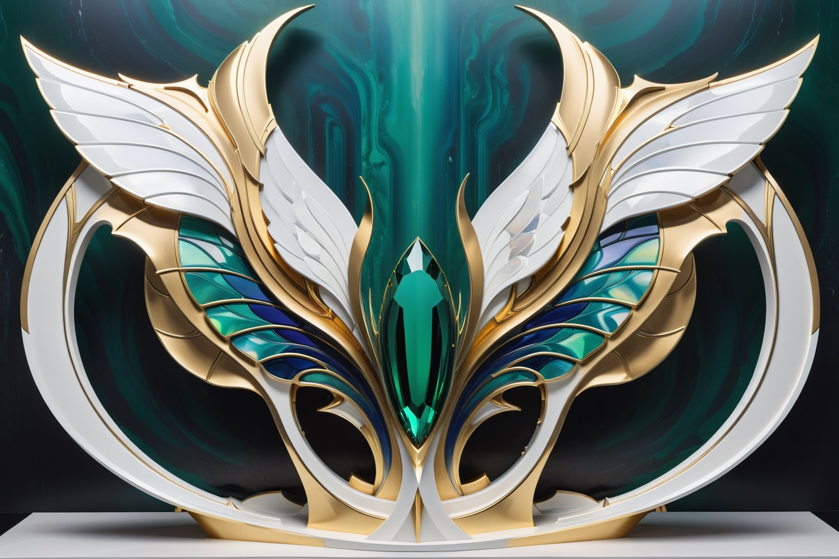Photorealistic representation in high definition of a mystical and enigmatic scene mega gigant sculpture art deco of a tro...