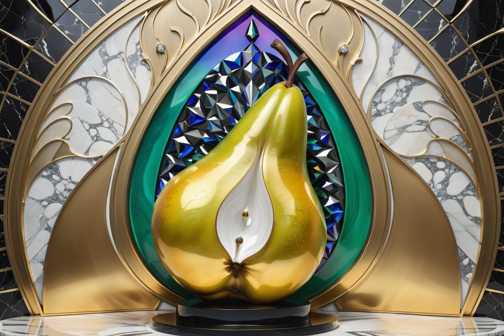 Photorealistic representation in high definition of a mystical and enigmatic scene mega gigant sculpture art deco of a pea...