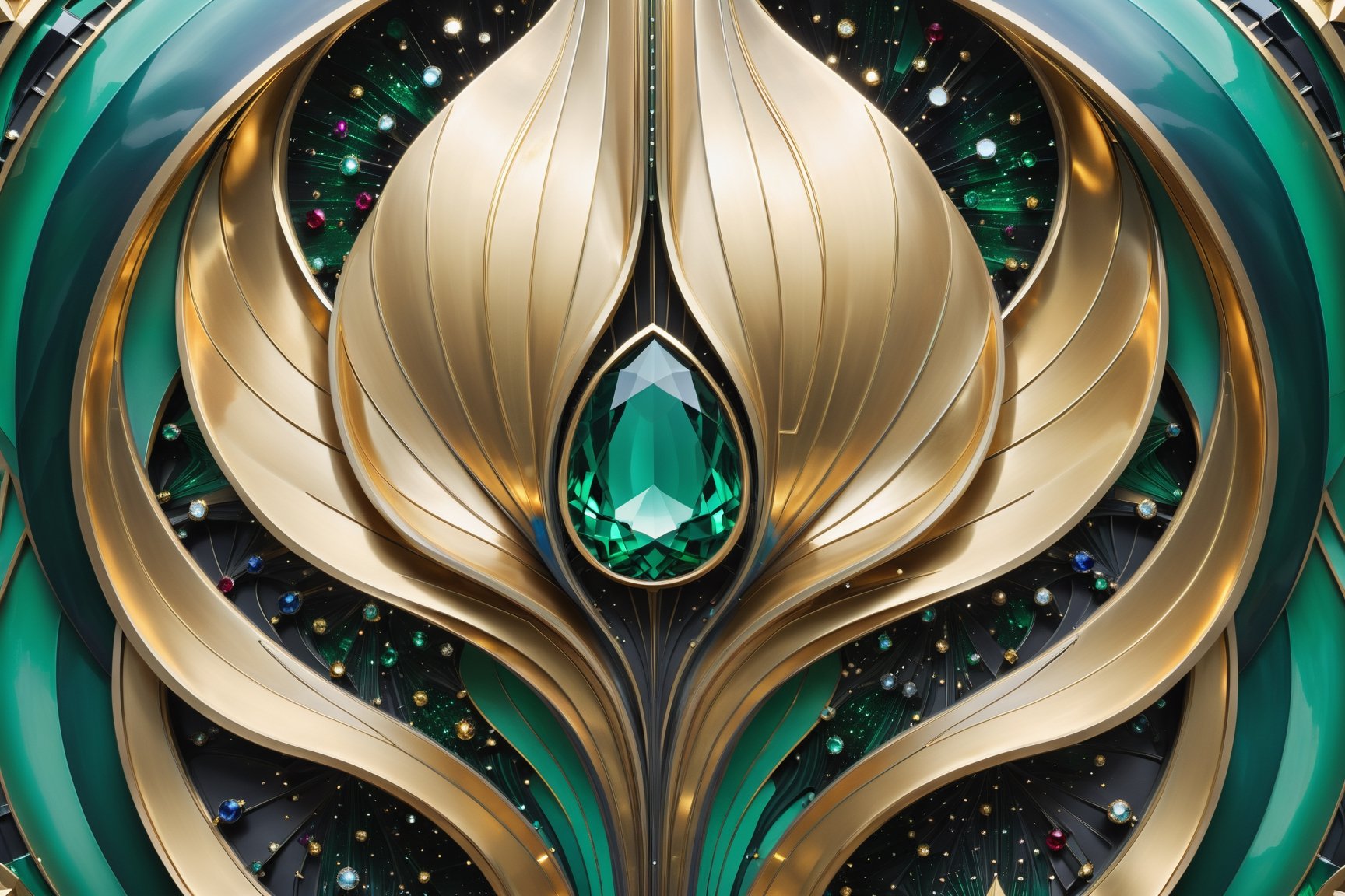 Photorealistic representation in high definition of a mystical and enigmatic scene mega gigant sculpture art deco,  hologr...