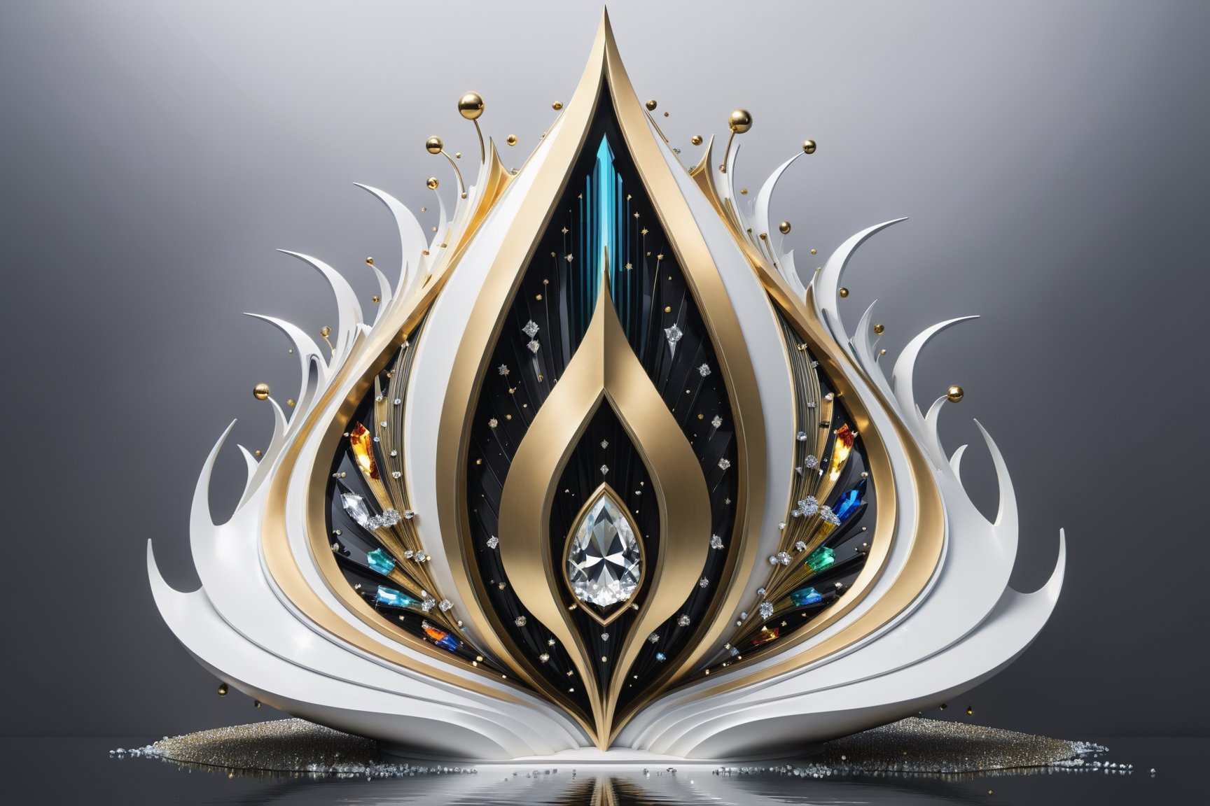 Photorealistic representation in high definition of a mystical and enigmatic scene sculpture art deco,  caotic swaroski ir...