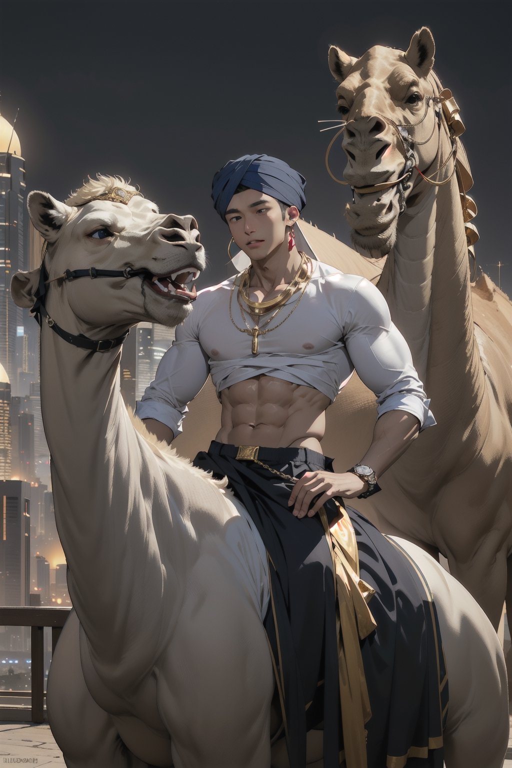 intricate detail, 18 year old, young handsome asian male wearing blue gorgeous underware with jewels,  kpop,ikemen, blue eyes, handsome, earrings, gold necklace, luxuary golden omega watch,  blond hair, big muscle, physique, fitness model, wealthy, billionair,  shirtless, turban, riding a camel,   dubai night background