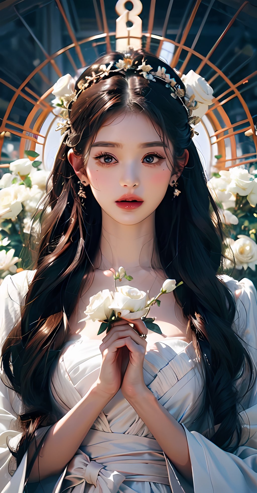 medium shot, from the side, young woman, looking up, pale skin, (perfect face: 1.3), ((symmetrical eyes)), (face details: 1.3), brunette, blowing hair, roses in hair, wearing a white dress made of pedals, floral dress, roses in background, light from above to give heavenly feeling, dramatic lighting, ultra detailed, masterpiece, 8k.,karinalorashy,wonyounglorashy