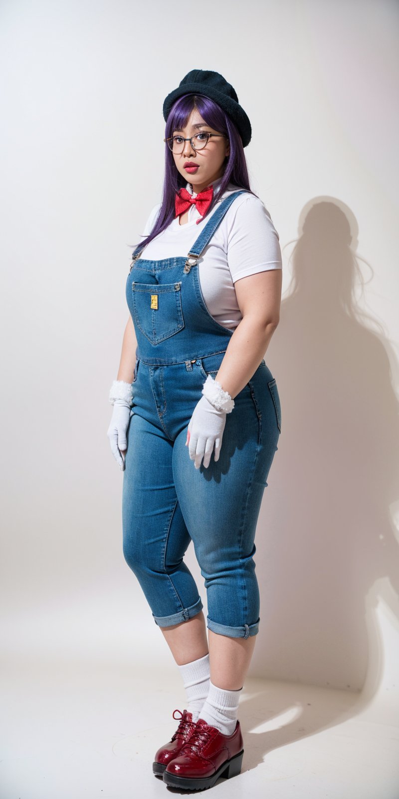 1girl, solo, long hair, bangs, blue eyes, simple background, shirt, gloves, hat, white background, bow, standing, full body, purple hair, shoes, glasses, socks, bowtie, red bow, cosplay, suspenders, clothes writing, blue footwear, overalls, yellow gloves