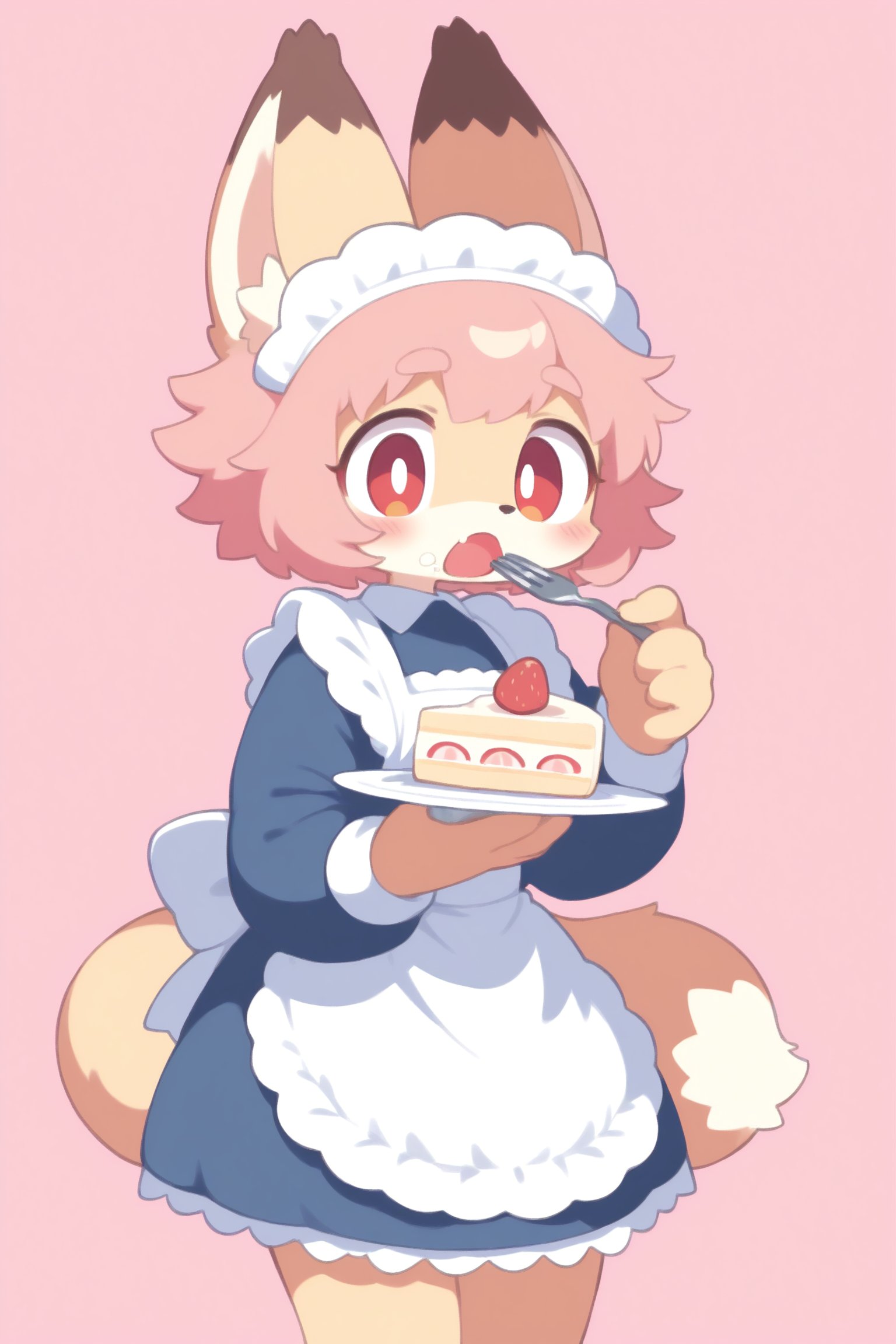 1girl, solo, looking at viewer, blush, short hair, open mouth, simple background, red eyes, long sleeves, dress, holding, animal ears, tail, pink hair, food, apron, maid, maid headdress, fox ears, fruit, blue dress, fox tail, eating, pink background, fox girl, furry, plate, maid apron, cake, strawberry, furry female, fork, food on face, holding plate, holding fork, cake slice, strawberry shortcake