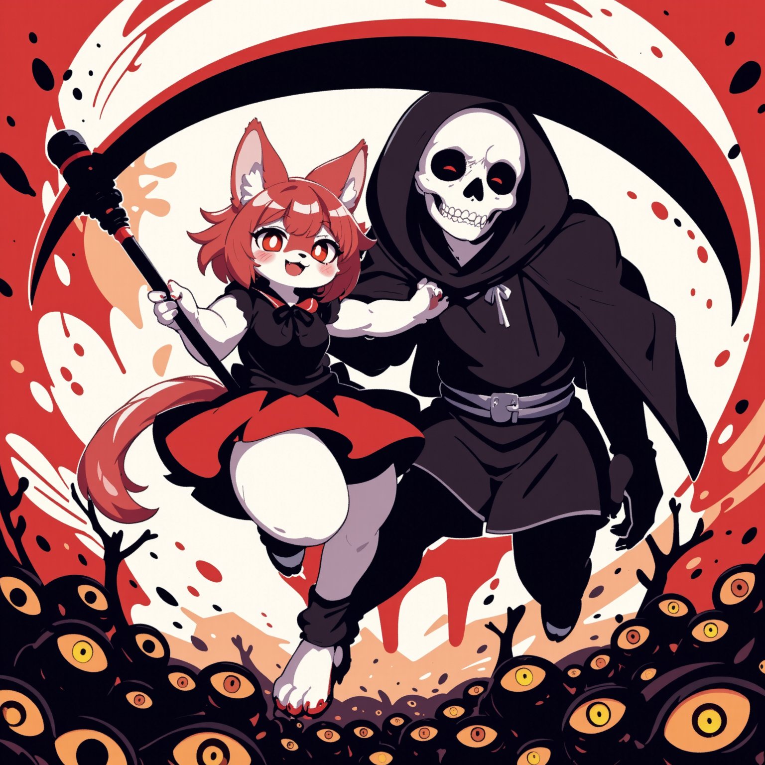 A furry girl, jumping action, abstract background, psychedelic colors, high contrast complementary colors, abstract art, anime style,red and black and white, In the abstract background, Yingyue sees the face of Death, holding a huge scythe on the girl's neck, and countless eyes watching, horror style,Eyes Half Closed ,loli