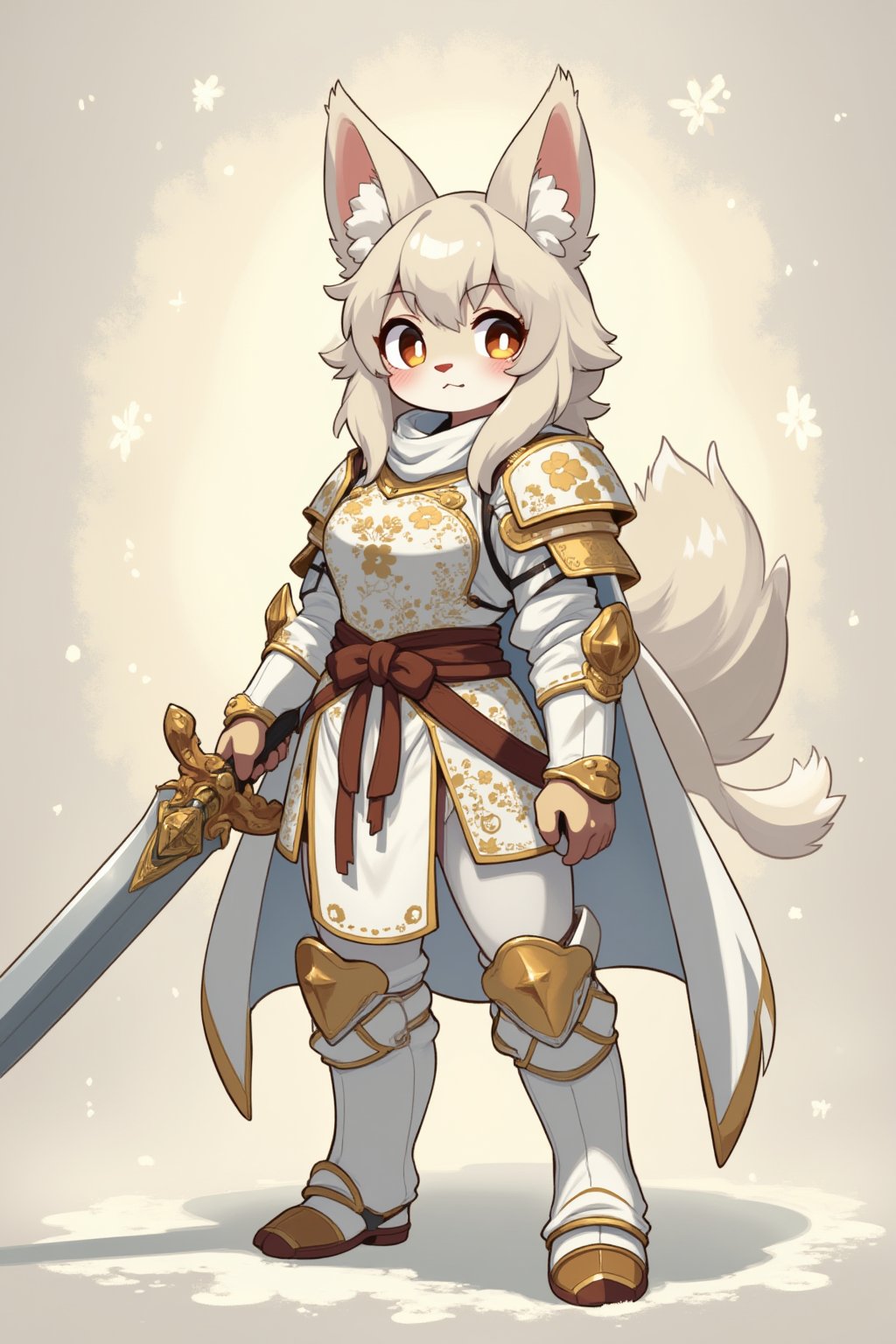 A furry warrior girl wearing white armor embossed with golden flowers, she holds a big sword, anime style 