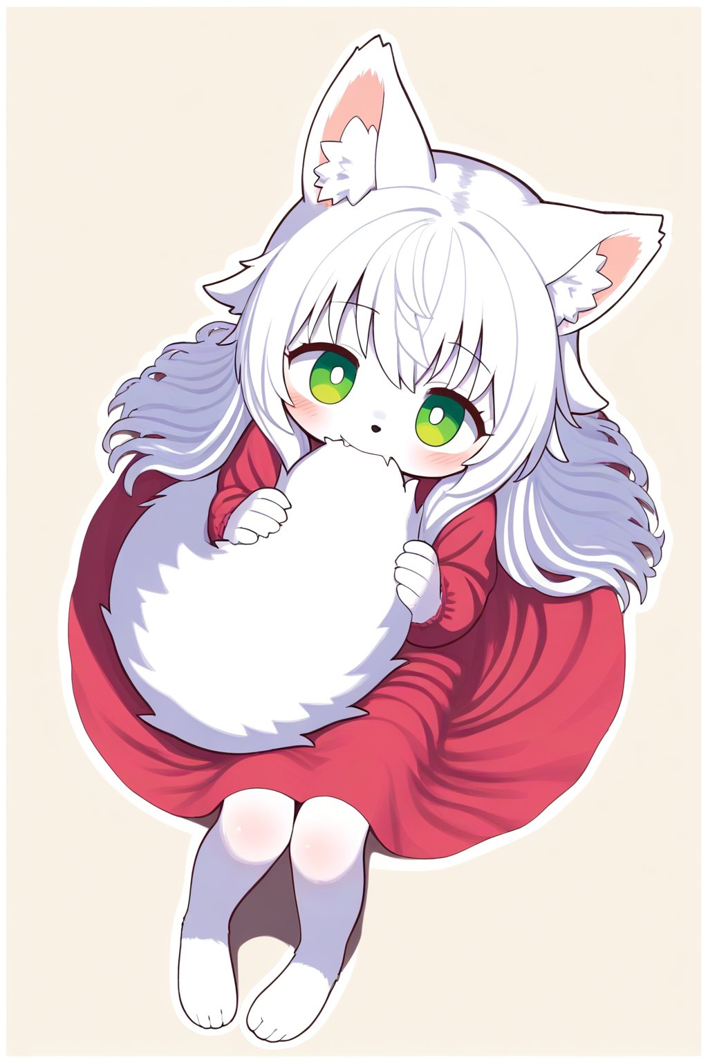 1girl, dynamic pose, furry, 
holding own tail, tail in mouth, biting tail, animal ears, tail, green eyes, long hair, white hair, wolf girl, loli, dress, closs up, look at view, sitting, outline , from above, masterpiece, best quality
