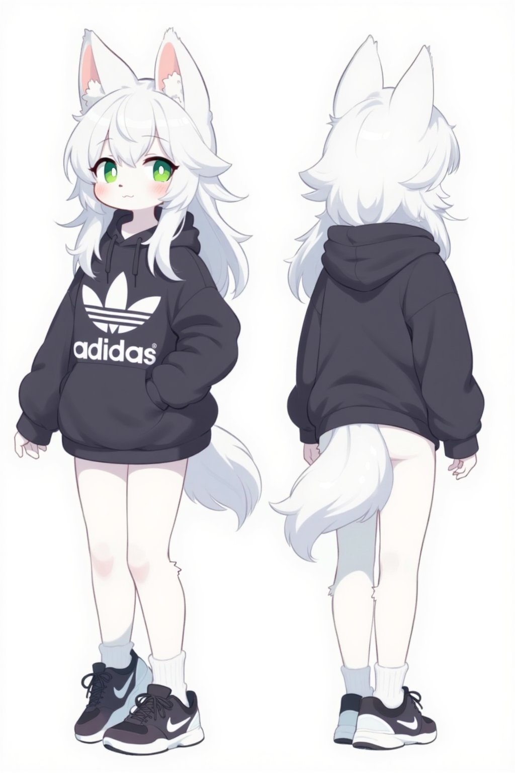 A wolf girl, she has long white hair, green eyes, she wears a Adidas black hoodie,  Nike shoes, model sheet, front view, side view, rear view, full-length portrait, bust portrait, white background,  anime style, child body, furry