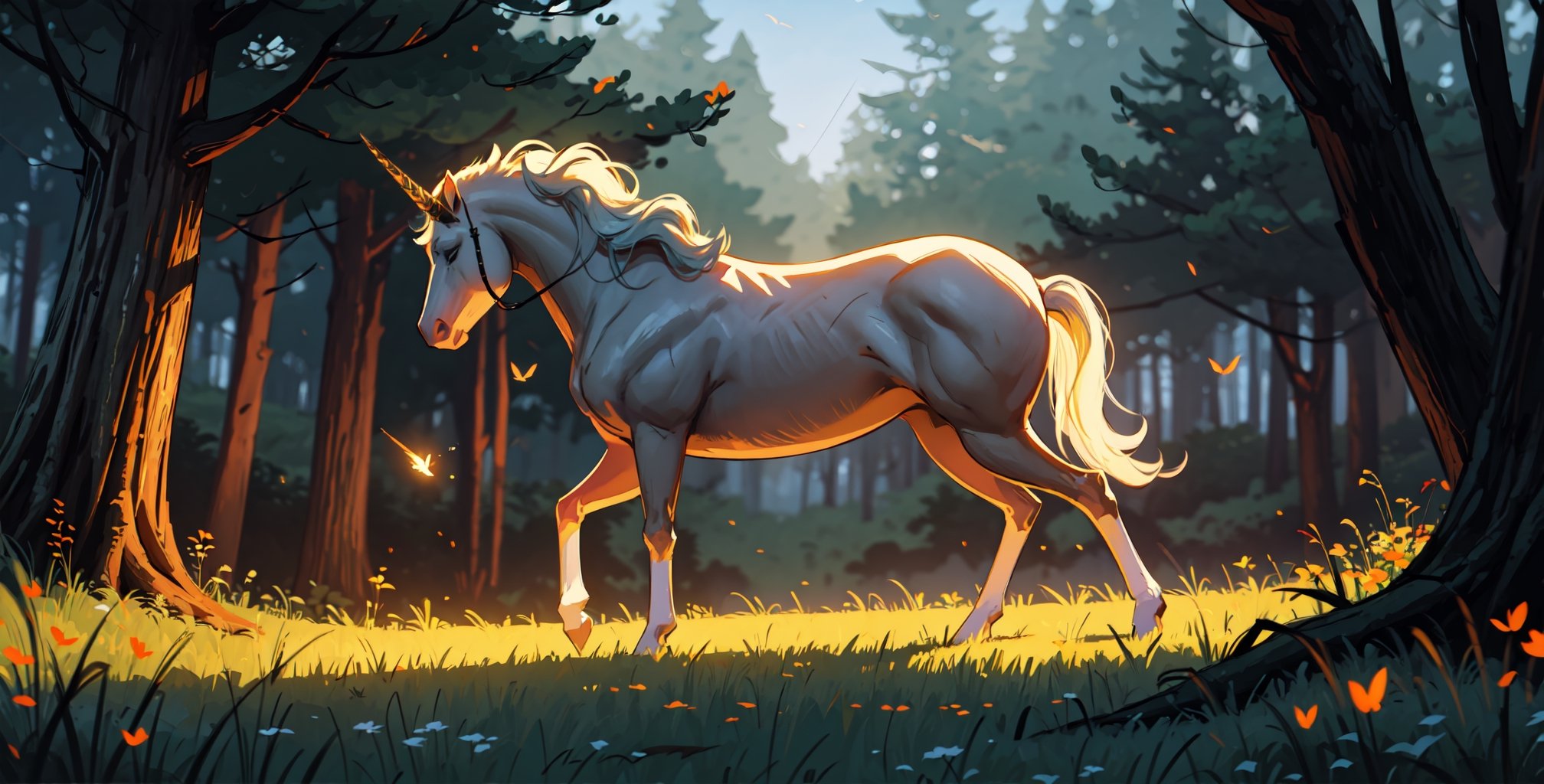 
a sleeping unicorn in a clearing in the middle of the forest, it's night, fireflies are flying all around, fairycore,fantasy,intricate,elegant,highly detailed,digital painting,artstation,concept art,matte,sharp focus,illustration,