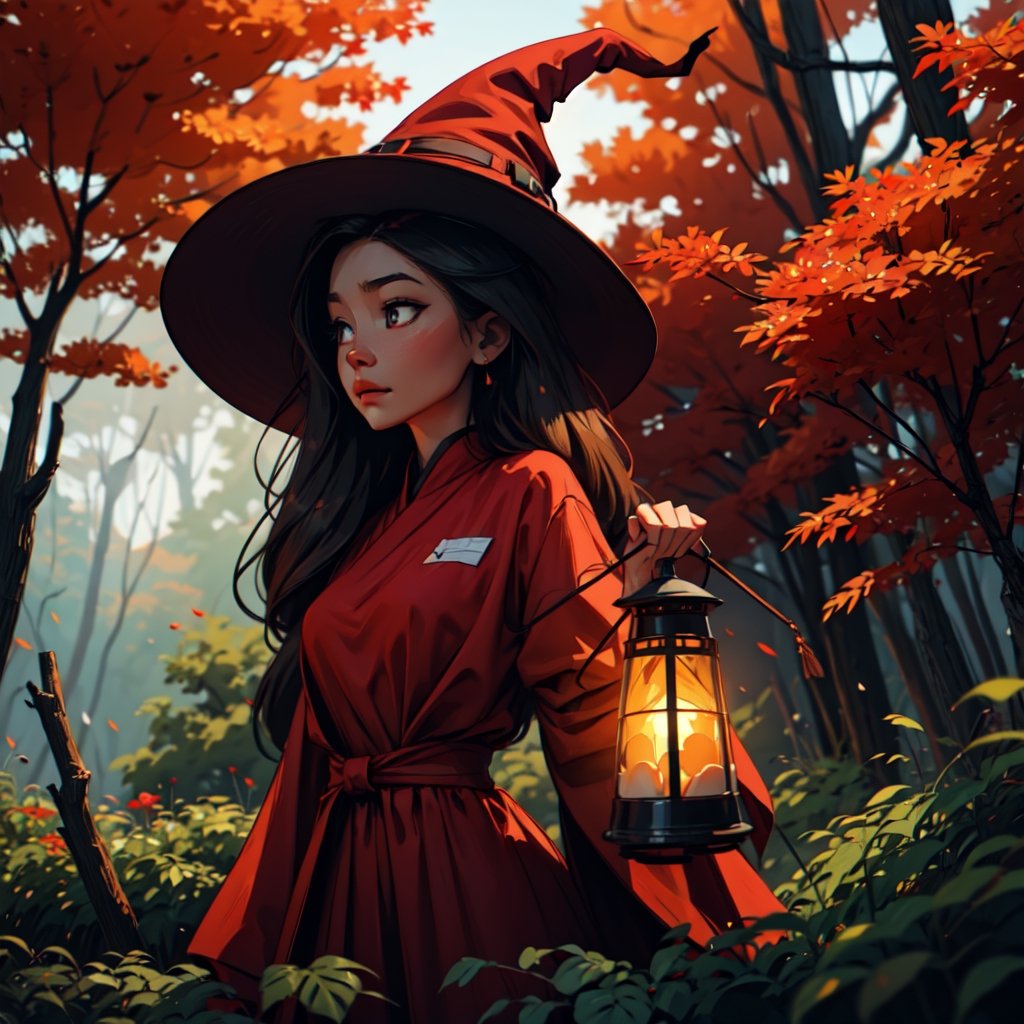 young Asian woman as a witch next to a well, she looks inside, it is night, she is holding a lantern, she is wearing a dark red dress, a dark red hat, her hair is dark purple, autumn color, middle of a forest,fairycore,fantasy,intricate,elegant,highly detailed,digital painting,artstation,concept art,matte,sharp focus,illustration,