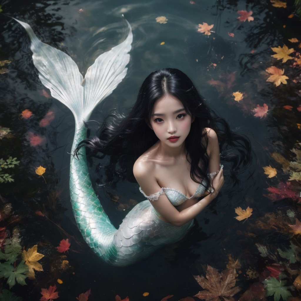 film grain, skin details, high detailed skin texture, 8k hdr,  a young asian mermaid girl with a white tail swimming in a lake in the middle of the forest,black eyes,long black hair,seen from above, color autumn, fairycore, fantasy,intricate, elegant, highly detailed,vivid, polished, beautiful, radiant, colorful, perfect face, perfect body, digital photo shoot, 
style raw,hyperrealism, photorealistic, 16k, unreal engine