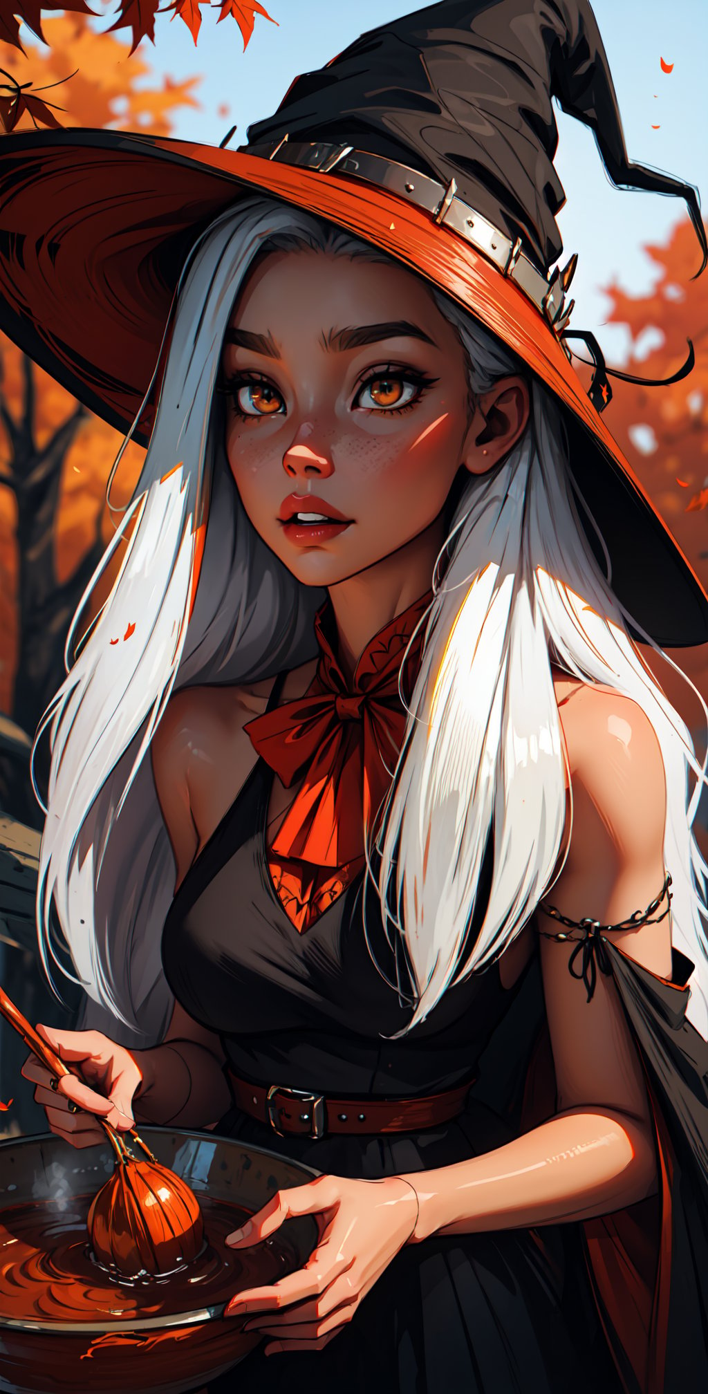 one young woman witch,orange eyes,white hair, witch hat red,stirring in a cauldron,dress red,color autumn,fairycore,fantasy,intricate,elegant,highly detailed,digital painting,artstation,concept art,matte,sharp focus,illustration,
