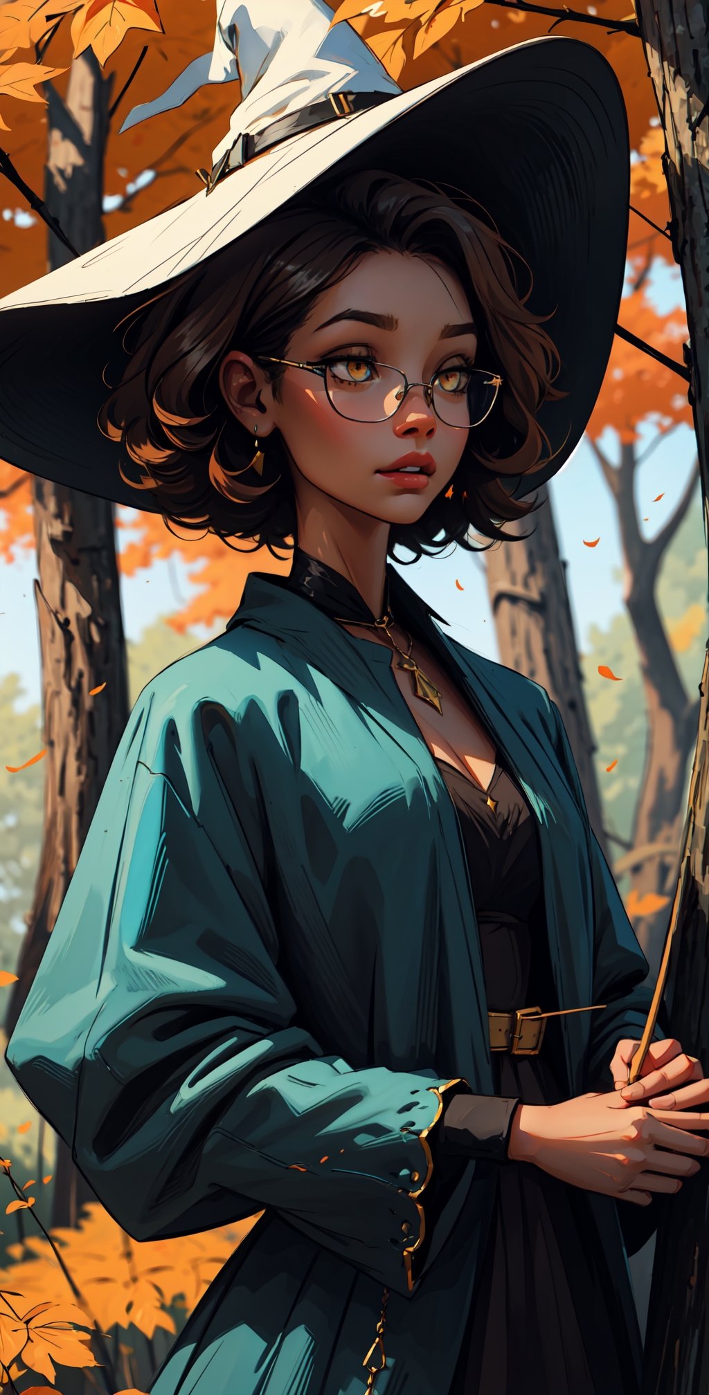 one young black woman witch,orange eyes, short curly hair white, witch hat,glasses,doing blue magic, dress dark yellow,color autumn, middle forest,fairycore,fantasy,intricate,elegant,highly detailed,digital painting,artstation,concept art,matte,sharp focus,illustration,

