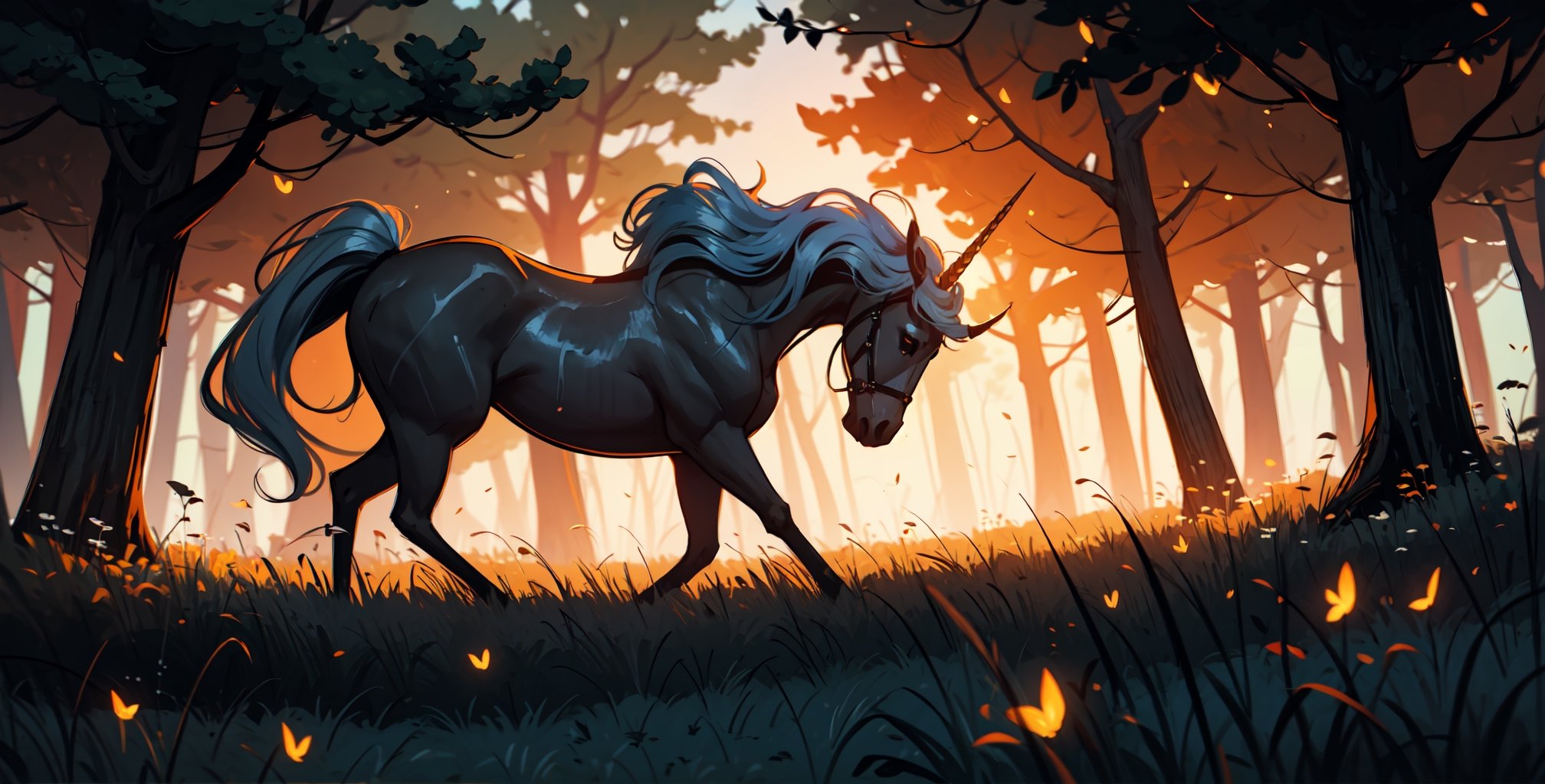 
one unicorn sleep in a clearing in the middle of the forest, it's night, fireflies are flying all around, fairycore,fantasy,intricate,elegant,highly detailed,digital painting,artstation,concept art,matte,sharp focus,illustration,