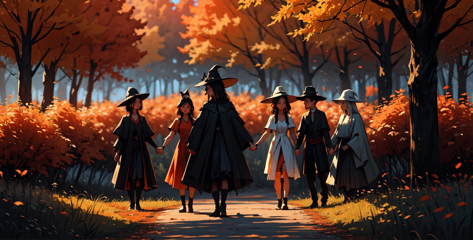 several young witches of several ethnic groups, they have hats, they form a circle, they hold hands, it is night, they are lit by a lantern, autumn color, in the middle of a forest,fairycore,fantasy,intricate,elegant,highly detailed,digital painting,artstation,concept art,matte,sharp focus,illustration,