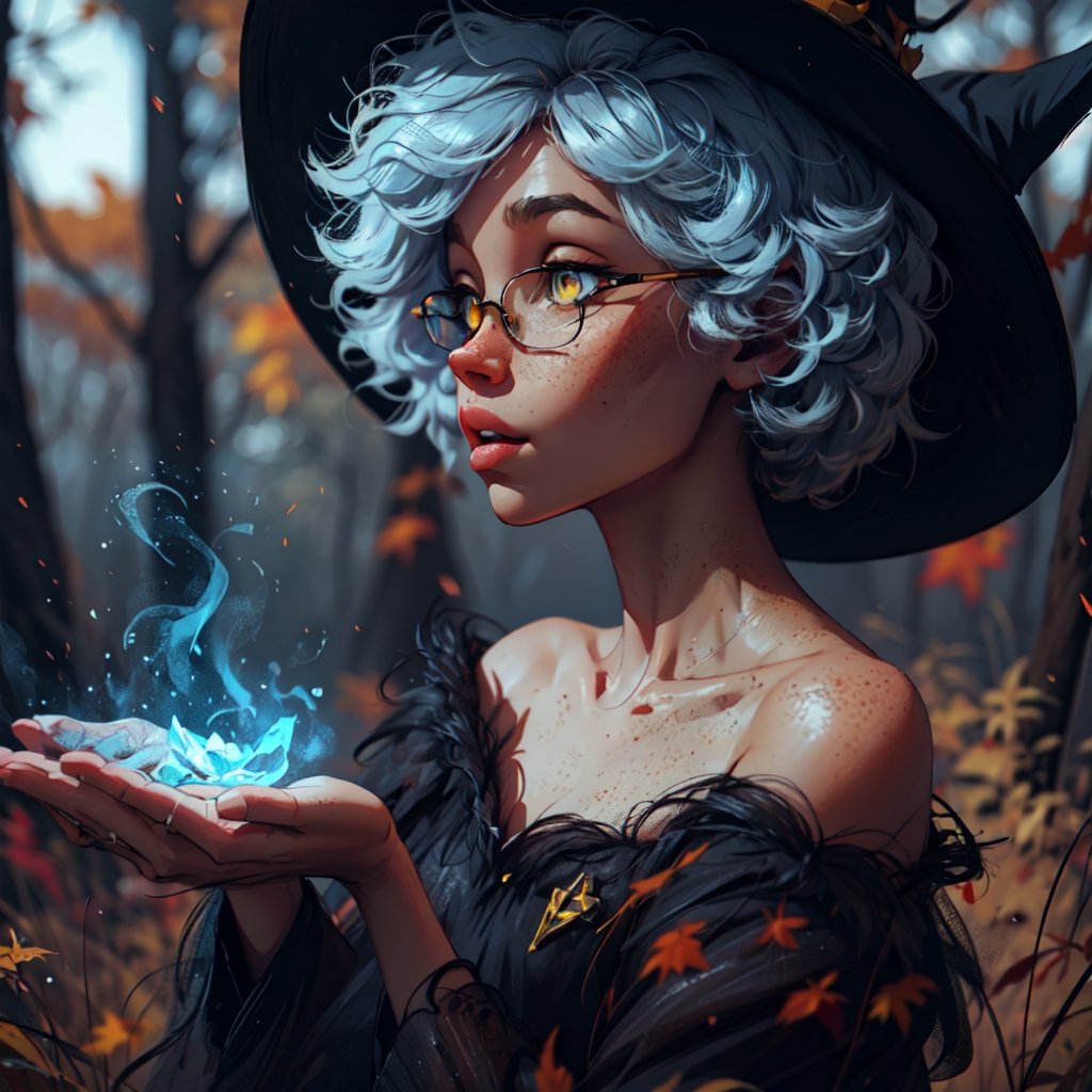 a young black witch, she does magic light blue, glasses, freckles, short white curly hair, yellow dress, yellow pointed hat, dark yellow eyes, autumn color, middle of a forest,fairycore,fantasy,intricate,elegant,highly detailed,digital painting,artstation,concept art,matte,sharp focus,illustration,