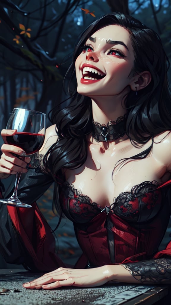 A vampire woman sitting at the table of an old castle laughing, holding a glass of red wine, her dress is black and red, her skin is white and livid, dark red eyes, her hair is black, sharp canine, night, middle of a forest,color autumn,fairycore,fantasy,intricate,elegant,highly detailed,digital painting,artstation,concept art,matte,sharp focus,illustration,



