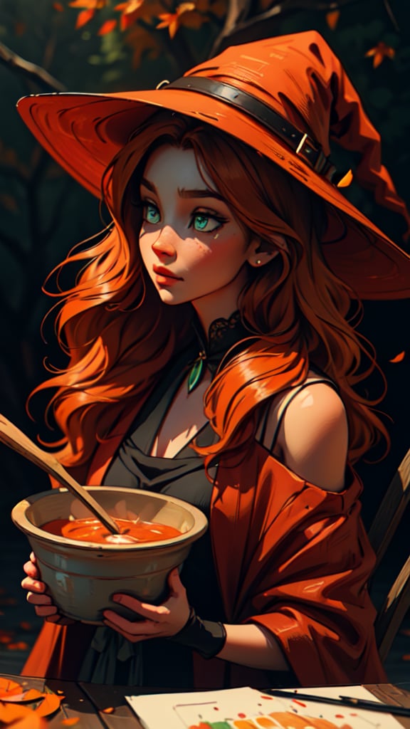 one young woman witch,green eyes, orange hair, witch hat,stirring in a cauldron,dress red,color autumn,fairycore,fantasy,intricate,elegant,highly detailed,digital painting,artstation,concept art,matte,sharp focus,illustration,