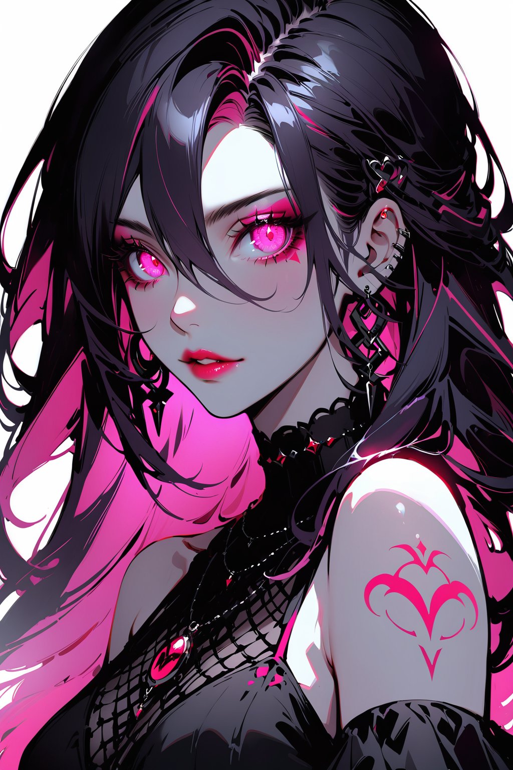 cowboy shot, Goth girl, goth girl 1girl, 1girl,solo,looking at viewer, long hair,hair between the eyes,bare shoulders,jewelry,(black hair, pink hair,multicolored hair,glowing hair), tattoo, sleeveless,pink eyes,necklace,two-tone hair,lips,makeup,white background,portrait,spot color, 
