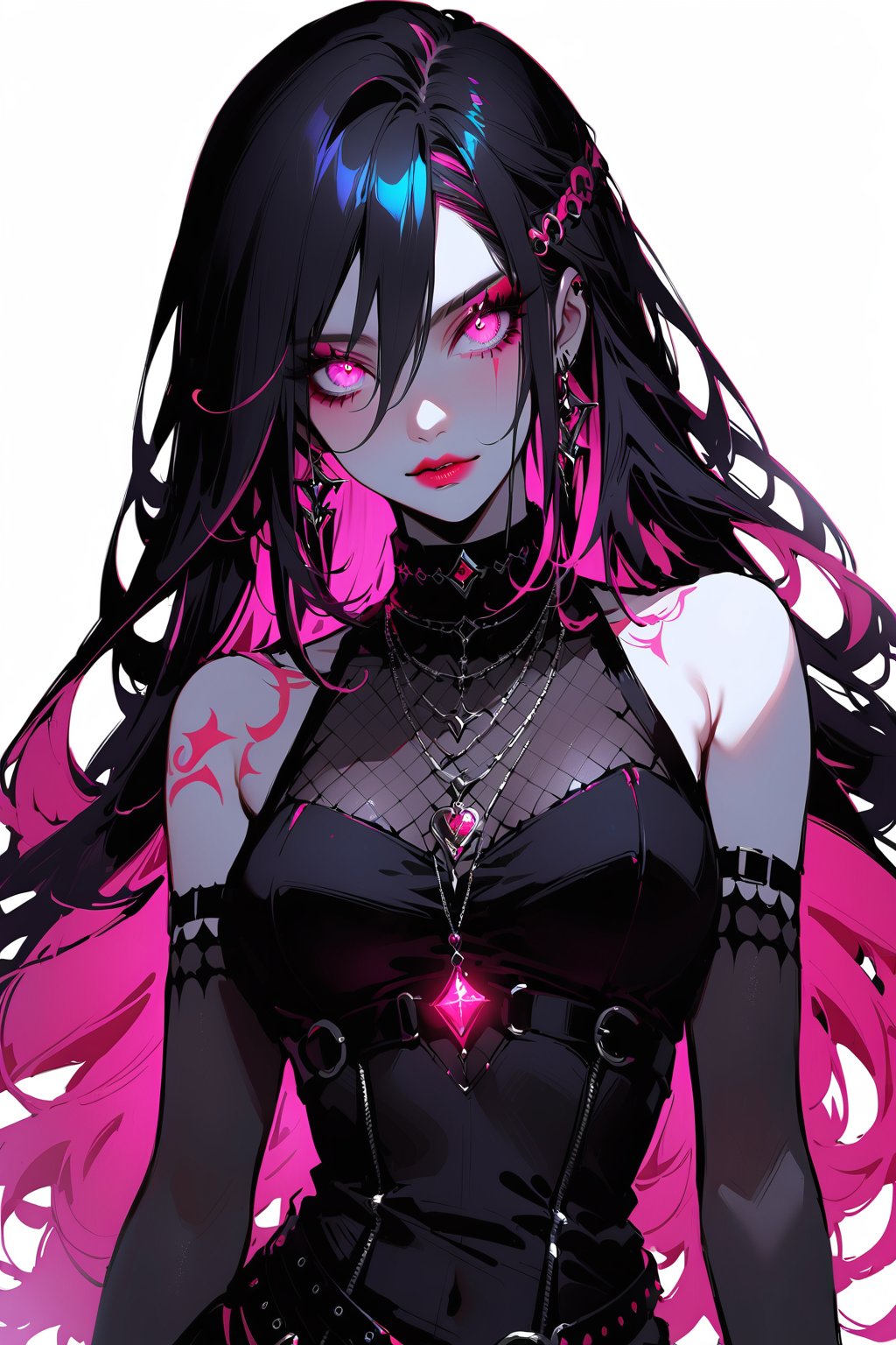 cowboy shot, Goth girl, goth girl 1girl, 1girl,solo,looking at viewer, long hair,hair between the eyes,bare shoulders,jewelry,(black hair, pink hair,multicolored hair,glowing hair), tattoo, sleeveless,pink eyes,necklace,two-tone hair,lips,makeup,white background,spot color, 
