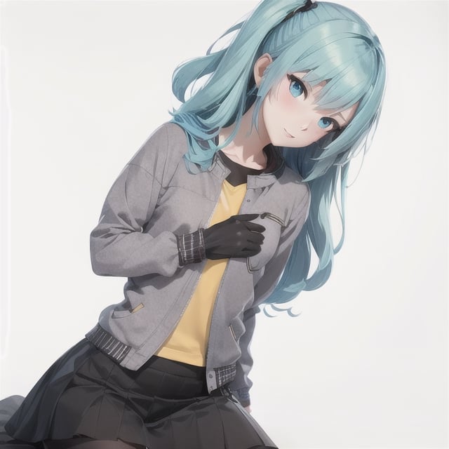 right sidetail hair,anime style,fighter,sole_female,older sister face,lightblue hair,gray jacket,black skirt,agent,blue gloves,masterpiece,detailed,lightblue_eye,su hair