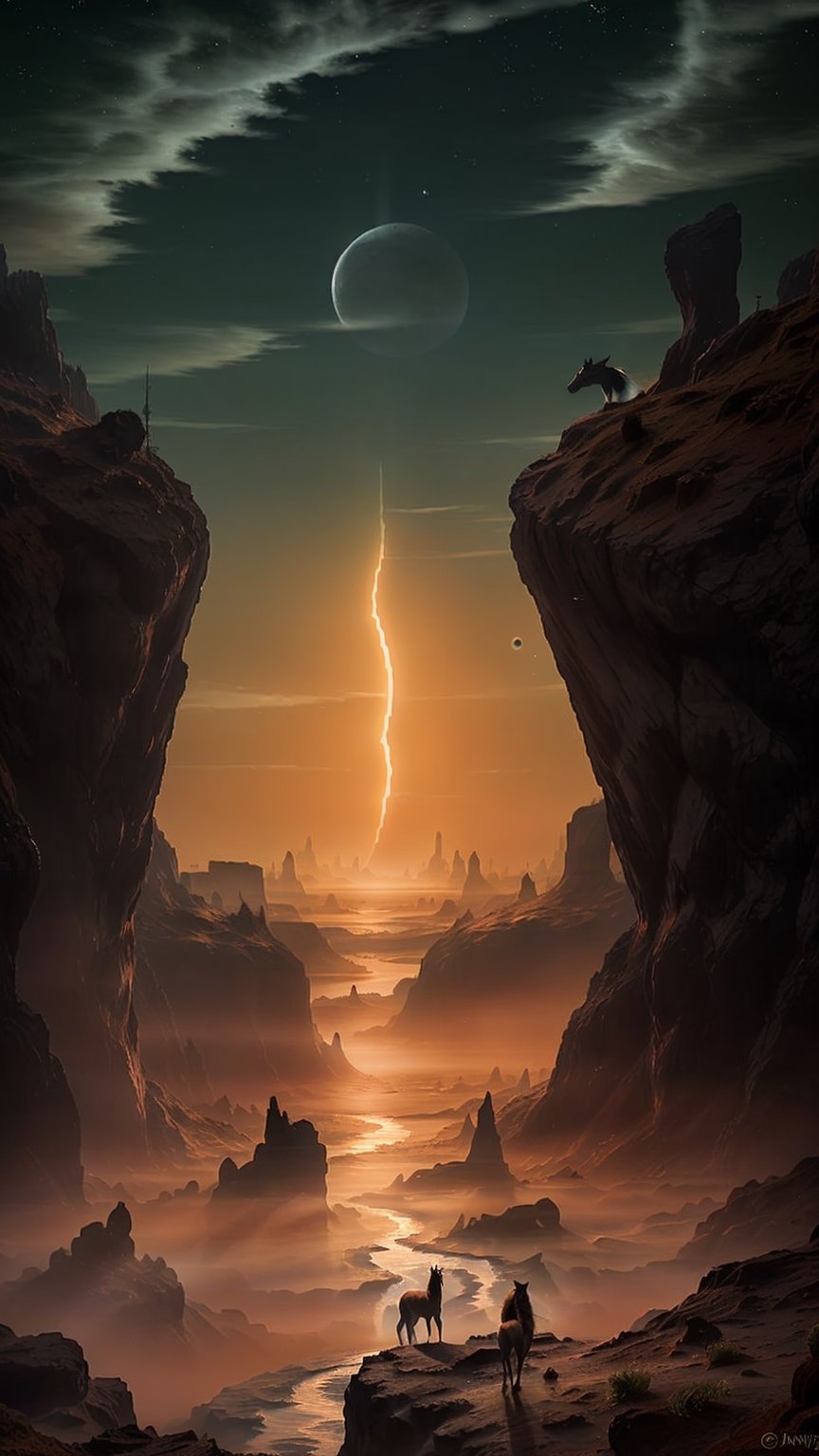 A tiny figure in the distance rides,  Riding a Galvian stead,  ((an alien horse-like creature with long narrow nose by Dee...