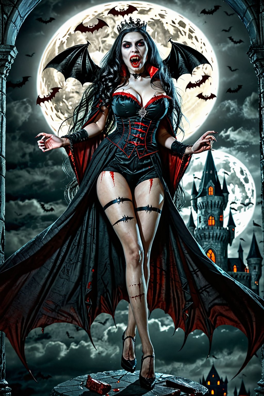 A magnificent, curvy, and scary undead vampire girl. ((long legs)). The Queen of the Underworld of vampires. Dark fantasy. gothic castle. full moon. bats. Undeads. monsters. Haunted atmosphere.