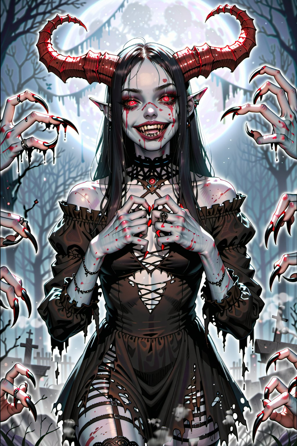  score_9, score_6_up, score_5_up,Very detailed, perfect image. Masterpiece of a sexy cury demon girl, beautiful face, horns, glowy eyes, claws, torn black dress, gothic style , undead, living in a dark dungeon. fog. mist. scary. scary atmosphere.