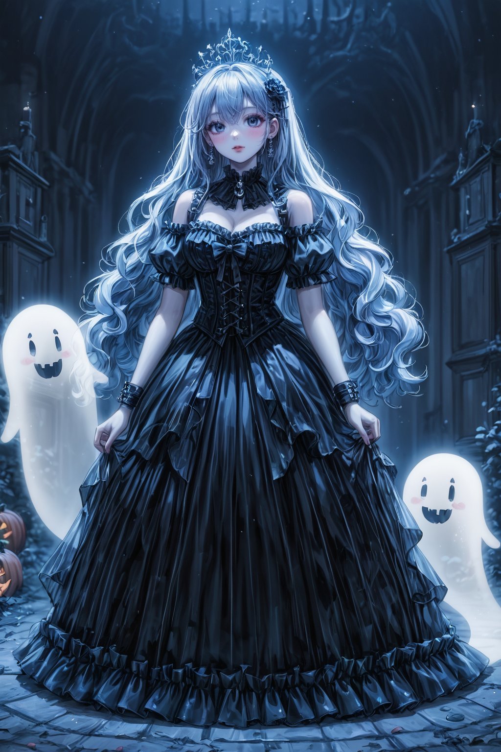 score_9, score_6_up, score_5_up,Very detailed, perfect image. Masterpiece of a sexy curvy ghost looks like a spirit of a dead person. (((transparent ghost feminine silhouette))) torn clothing. appears as a specter, bathed in a bluish, phantom light. She floats above the ground, dressed in a tattered period gown, her long pale hair blending into the mist surrounding her.gothic tableau.((( halloween atmosphere))). the scene takes place in a castle in the moonlight.
