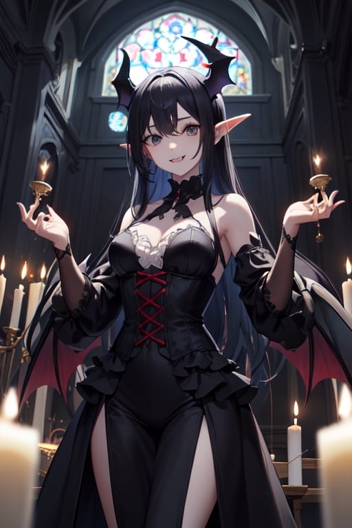 A female demon in Gothic style. Very slanted eyes and high cheekbones. Goblin-like pointed ears. Black horns on her head. Snow-white skin, black eyes and very black hair. Her teeth resemble those of a white shark. She has a slight smile.  She has bat wings. The scene takes place inside a Gothic church with candles and Greek columns during a full moon. A wonderful harmony of moonlight and shadow is reflected on her. Other vampire women stand behind her.