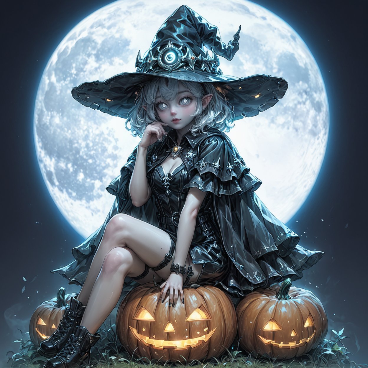  score_9, score_6_up, score_5_up,Very detailed, perfect image. Masterpiece of a pointy-eared (((witch with pale white skin))), witch hat, with glowy eyes, in a black tight leather skirt sits on a giant luminous pumpkin. Full moon. Mist. Magical atmosphere.
