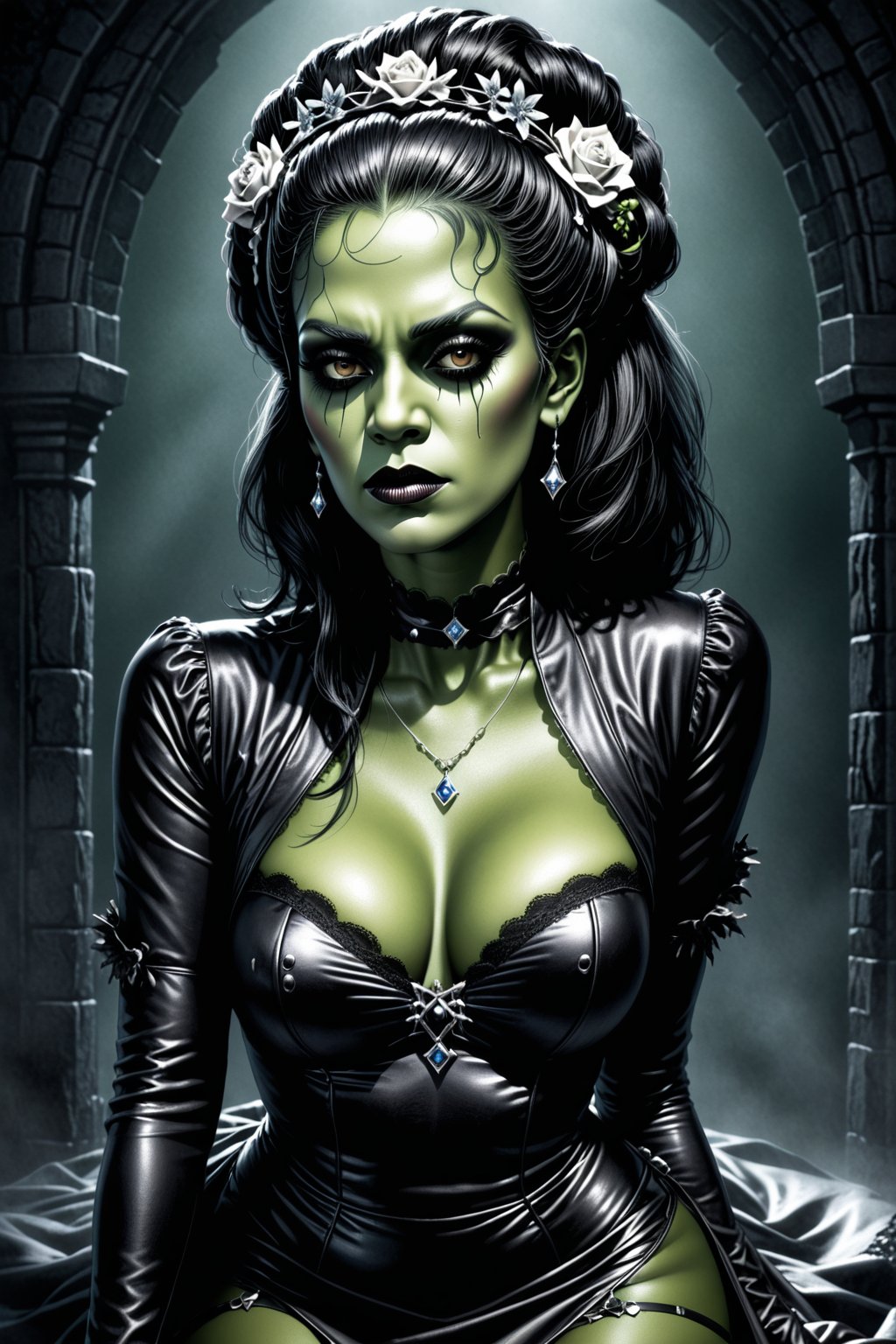  Masterpiece of a Undead (((beautifull sexy female frankenstein))). (((black skin))).