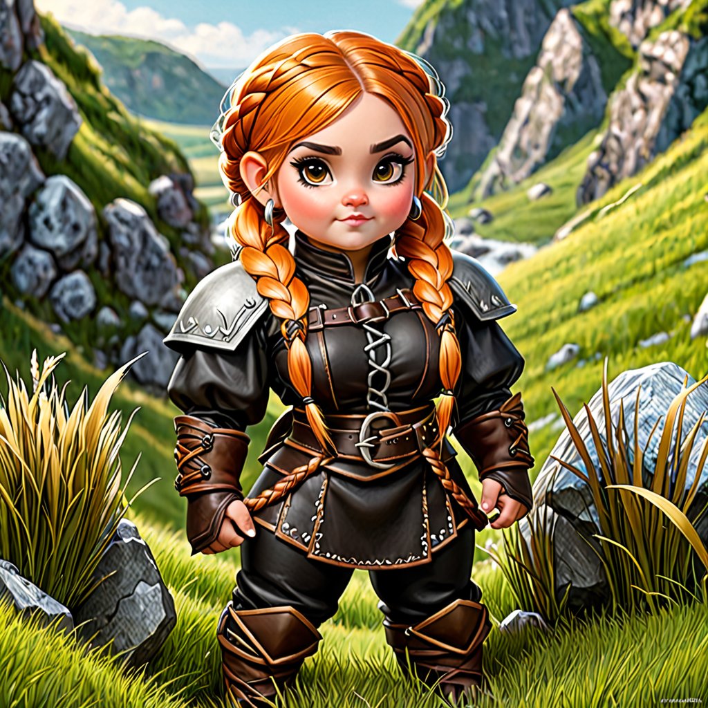 small female dwarf woman from germanic folklore, dressed in sensual leather clothing, in a landscape of grass and minerals. hair in two braids. full body.