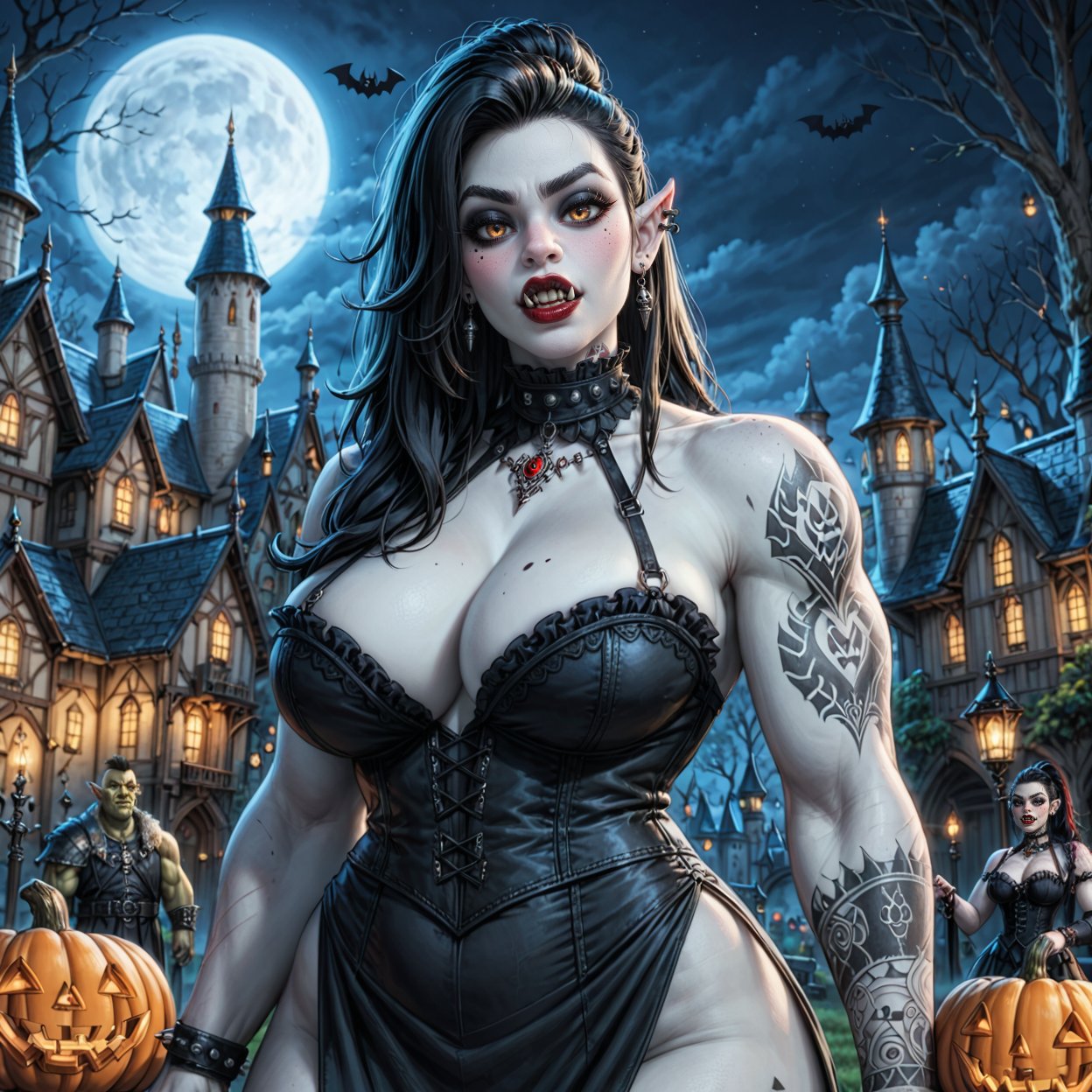 score_9, score_6_up, score_5_up,Perfect and very detailed image. Masterpiece of a sexy, curvy Ork queen. (((Gothic Orc with pale white skin))), (((Orc teeth))), (((black hair)))), black horns(((((red lips))))), gothic tattoos. The scene takes place at night in a castle. Lanterns light up the scene. magic. (((halloween style))). mist.